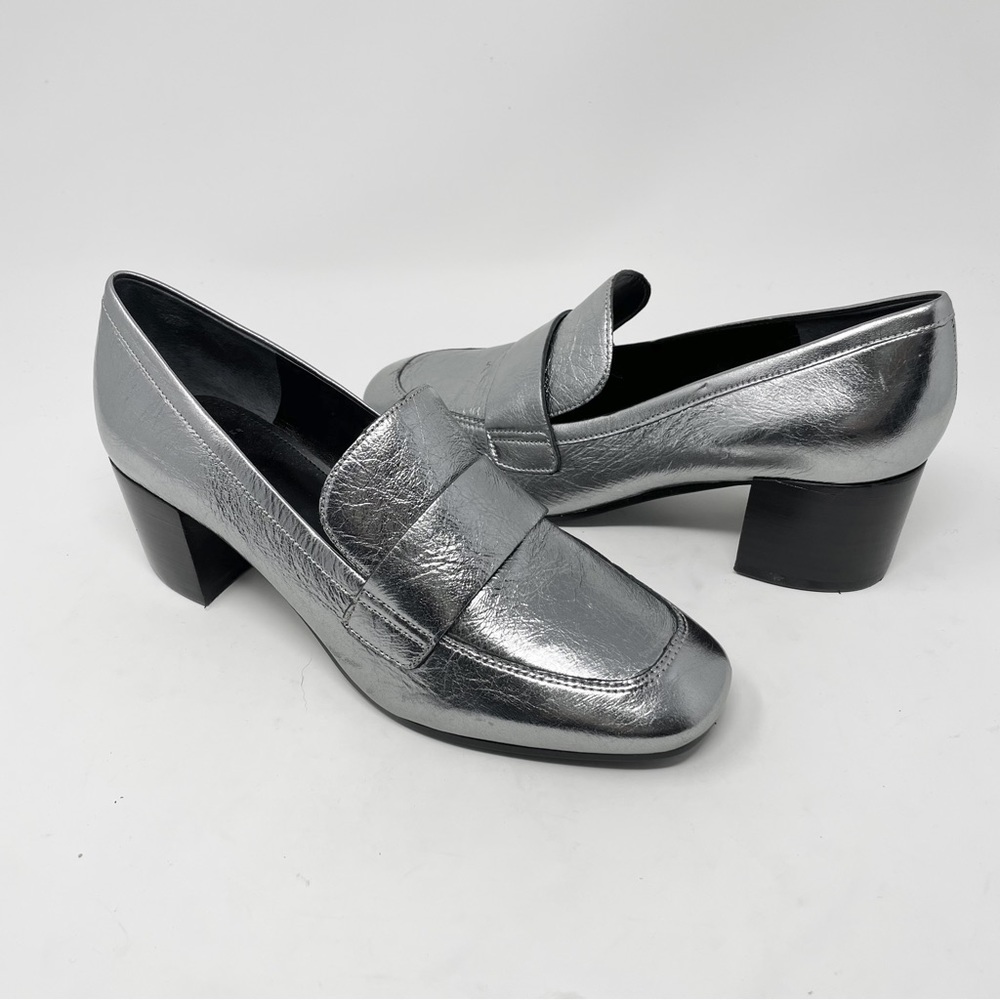 Marc Fisher Hudson Metallic Silver Pewter Loafer Block Heel 7 NEW